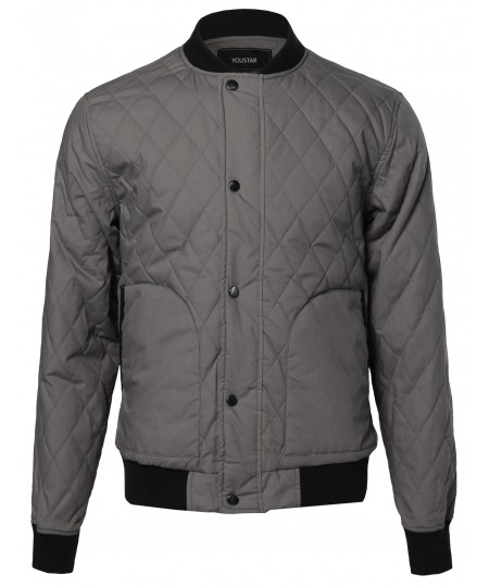 Men's Quilted Cotton Bomber Jacket With Button & Zipper Closure