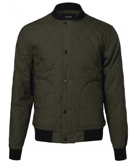 Men's Quilted Cotton Bomber Jacket With Button & Zipper Closure