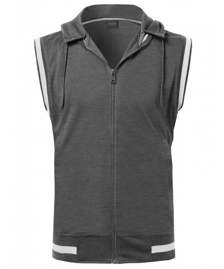 Men's Sleeveless Zipper Closure Drawstring Hoodie