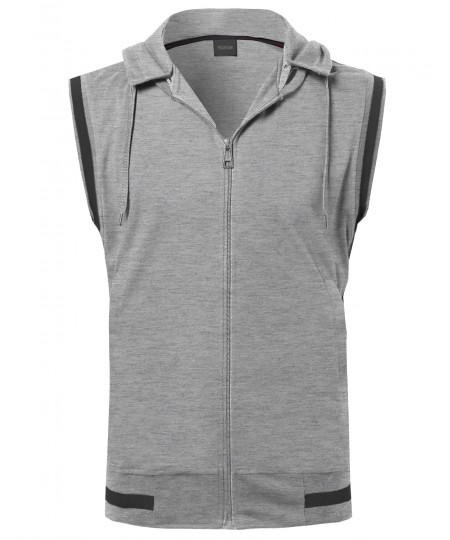 Men's Sleeveless Zipper Closure Drawstring Hoodie