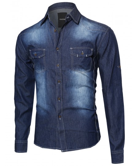 Men's Lightweight Denim Button Down Shirt Top With Foldover Sleeves