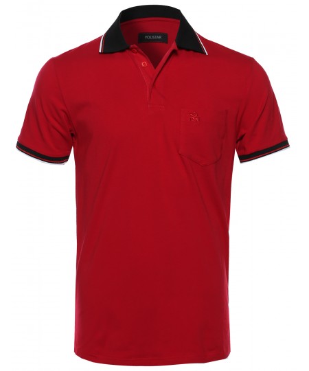 Men's Slim Fit Solid Three Button Placket V-Neck Polo Shirt