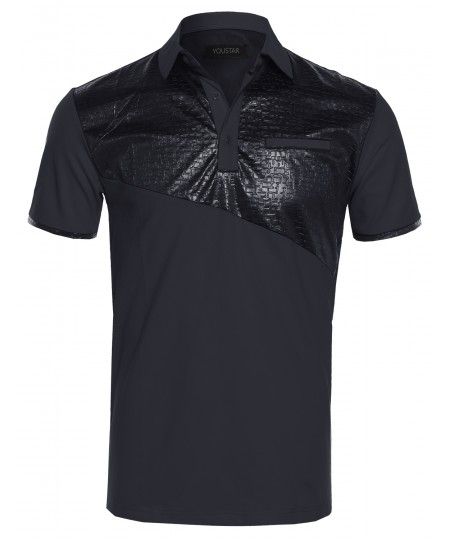 Men's Slim Fit Faux Alligator Leather Patch Detail Polo Shirt