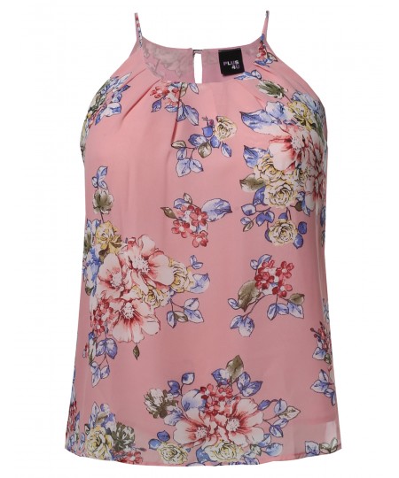Women's Plus Size Floral Keyhole Back Lined Chiffon Blouse Pleated Top