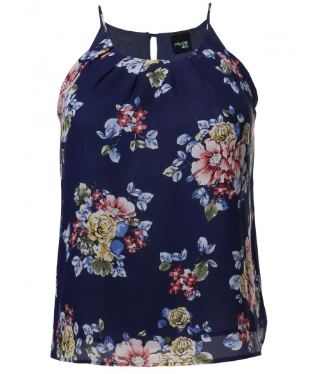 Women's Plus Size Floral Keyhole Back Lined Chiffon Blouse Pleated Top