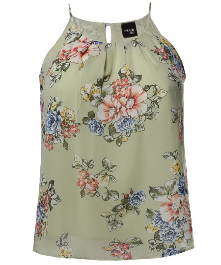 Women's Plus Size Floral Keyhole Back Lined Chiffon Blouse Pleated Top