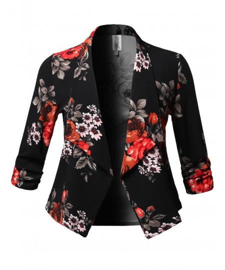 Women's Plus Size Stretch Floral Printed 3/4 Shirring Sleeve Open Blazer