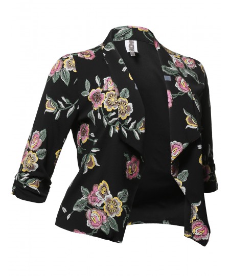 Women's Plus Size Stretch Floral Printed 3/4 Shirring Sleeve Open Blazer