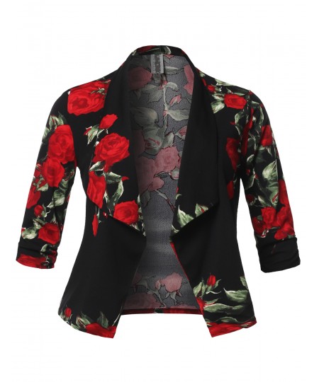 Women's Plus Size Stretch Floral Printed 3/4 Shirring Sleeve Open Blazer