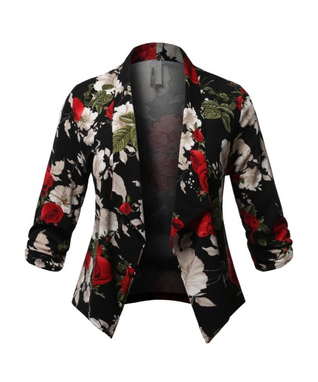 Women's Plus Size Stretch Floral Printed 3/4 Shirring Sleeve Open Blazer