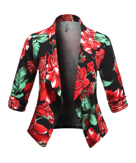 Women's Plus Size Stretch Floral Printed 3/4 Shirring Sleeve Open Blazer