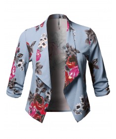 Women's Plus Size Stretch Floral Printed 3/4 Shirring Sleeve Open Blazer