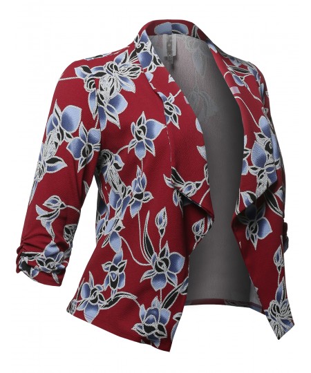 Women's Plus Size Stretch Floral Printed 3/4 Shirring Sleeve Open Blazer