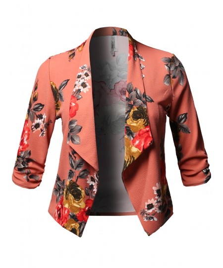 Women's Plus Size Stretch Floral Printed 3/4 Shirring Sleeve Open Blazer