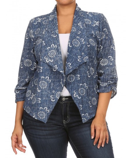Women's Plus Size Stretch Floral Printed 3/4 Shirring Sleeve Open Blazer