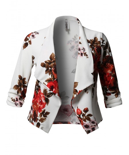 Women's Plus Size Stretch Floral Printed 3/4 Shirring Sleeve Open Blazer