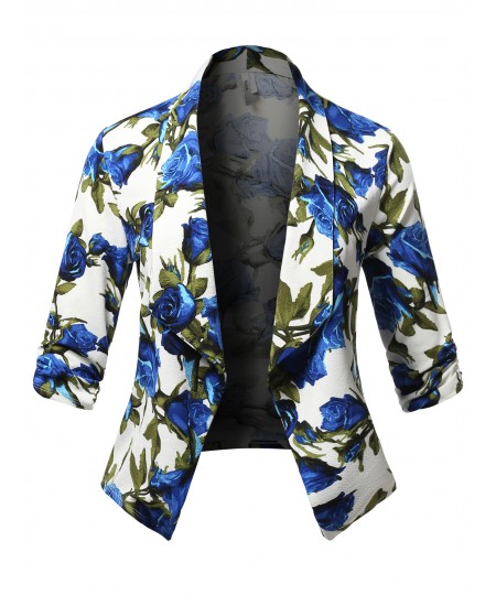 Women's Plus Size Stretch Floral Printed 3/4 Shirring Sleeve Open Blazer