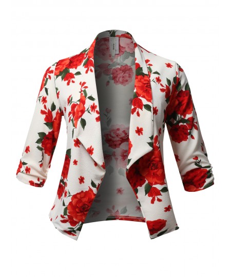 Women's Plus Size Stretch Floral Printed 3/4 Shirring Sleeve Open Blazer