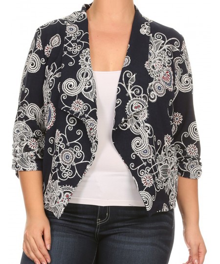 Women's Plus Size Stretch Floral Printed 3/4 Shirring Sleeve Open Blazer