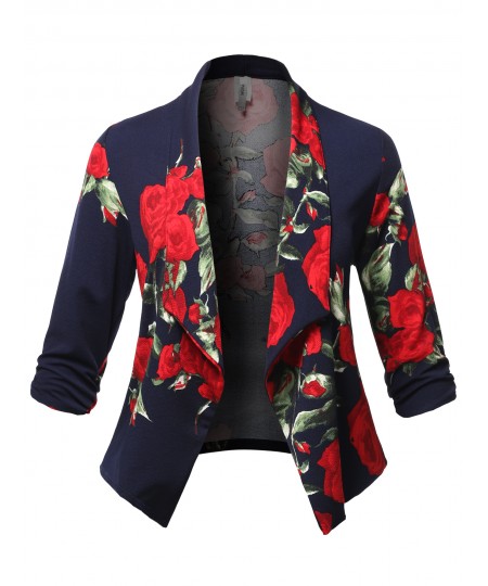 Women's Plus Size Stretch Floral Printed 3/4 Shirring Sleeve Open Blazer