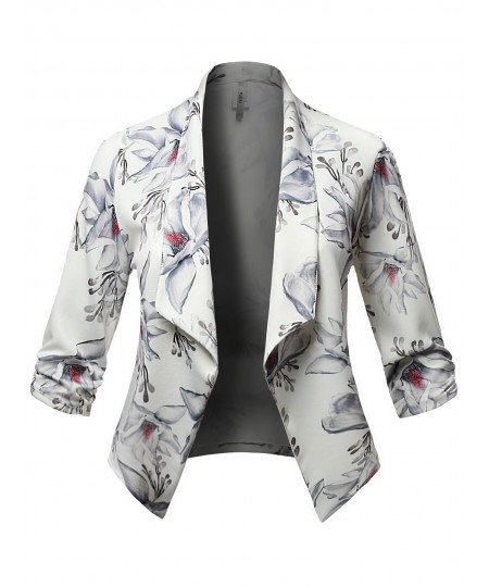 Women's Plus Size Stretch Floral Printed 3/4 Shirring Sleeve Open Blazer