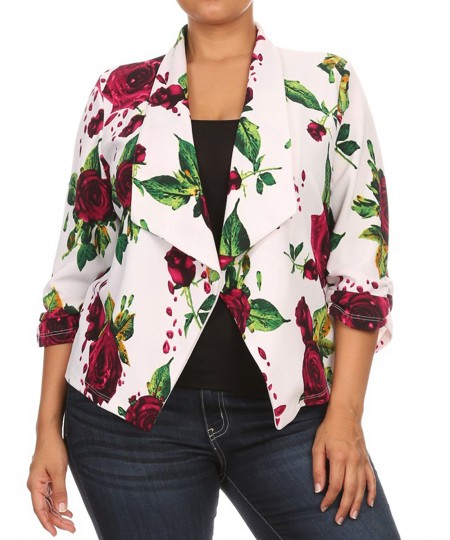 Women's Plus Size Stretch Floral Printed 3/4 Shirring Sleeve Open Blazer