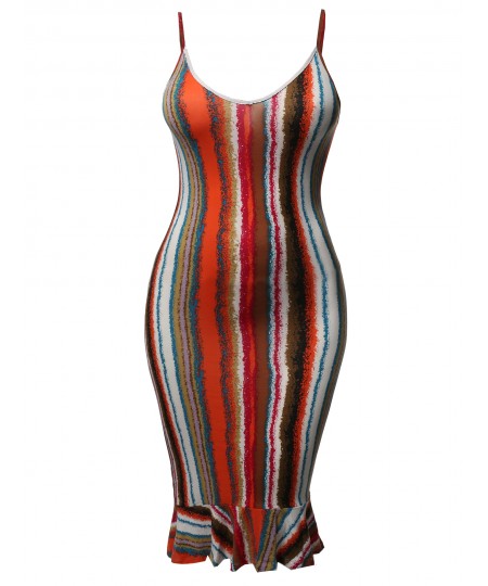 Women's Sexy Printed Plus Size Sleeveless Camisole Ruffled Hem Body-Con Midi Dress