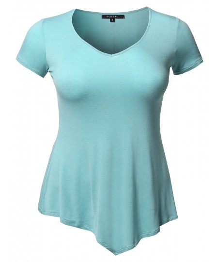 Women's Solid Super Soft Stretch Cap Sleeves Asymmetrical Top Tee Shirt