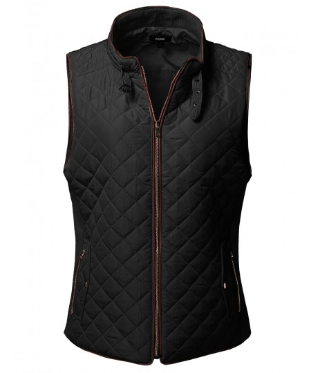 Women's Plus Size Solid Quilted Padding Vest with Suede Piping Details