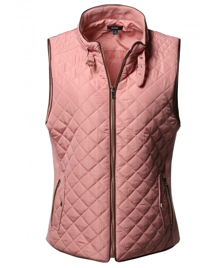 Women's Plus Size Solid Quilted Padding Vest with Suede Piping Details