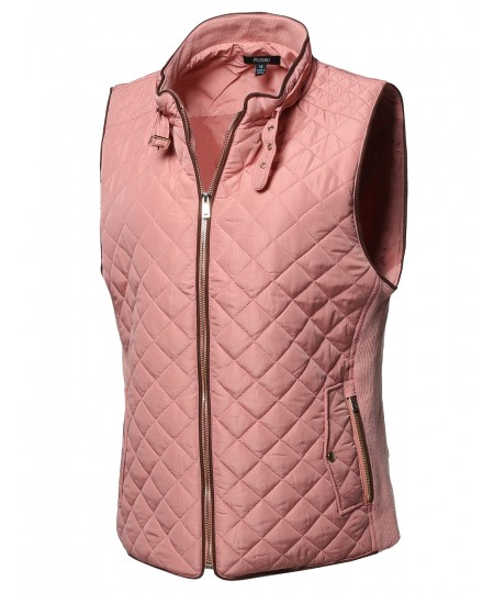 Women's Plus Size Solid Quilted Padding Vest with Suede Piping Details