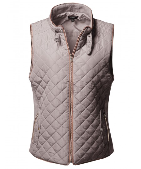 Women's Plus Size Solid Quilted Padding Vest with Suede Piping Details