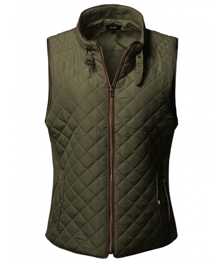 Women's Plus Size Solid Quilted Padding Vest with Suede Piping Details