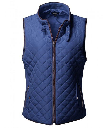 Women's Plus Size Solid Quilted Padding Vest with Suede Piping Details