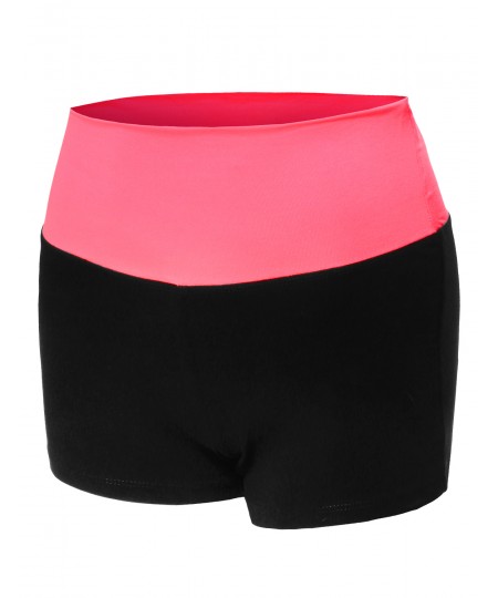 Women's Fold Over Colorblock Waistband Workout Yoga Shorts