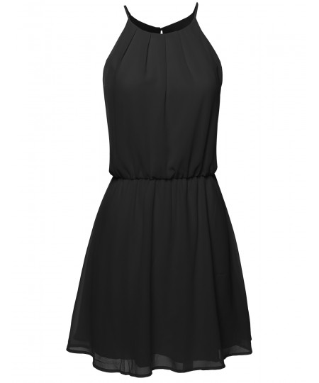 Women's High Neck Pleated Dress w/ Waistband