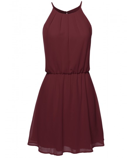 Women's High Neck Pleated Dress w/ Waistband