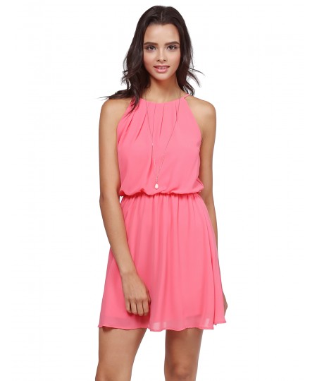 Women's High Neck Pleated Dress w/ Waistband