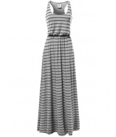 Women's Lined Striped Sleeveless Tank Racer-Back Long Maxi Dresses