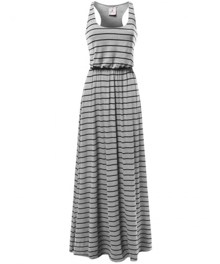 Women's Lined Striped Sleeveless Tank Racer-Back Long Maxi Dresses