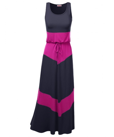 Women's Color Block Striped Good Strech Waist String Maxi Dresses