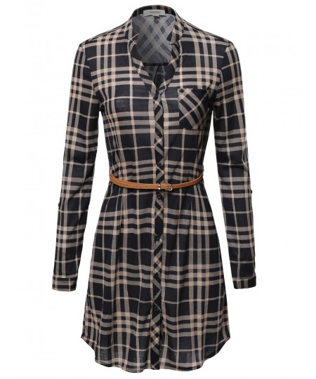 Women's Plaid Button Up Shirt Dress With Detachable Faux Leather Belt