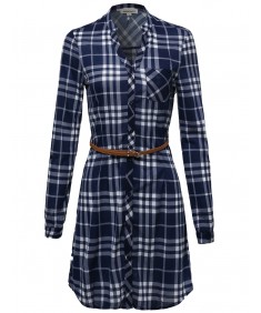 Women's Plaid Button Up Shirt Dress With Detachable Faux Leather Belt