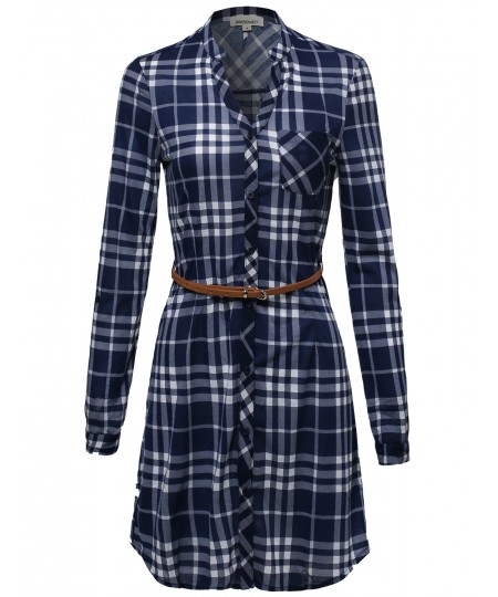 Women's Plaid Button Up Shirt Dress With Detachable Faux Leather Belt