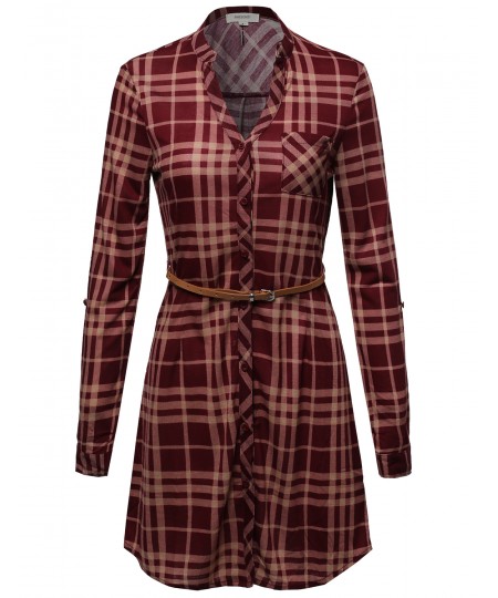 Women's Plaid Button Up Shirt Dress With Detachable Faux Leather Belt