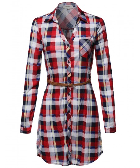 Women's Plaid Button Up Shirt Dress With Detachable Faux Leather Belt