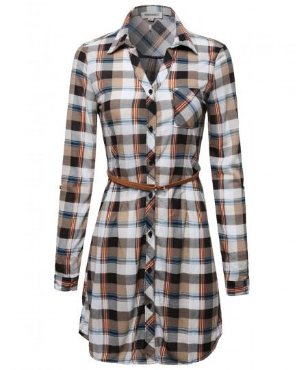 Women's Plaid Button Up Shirt Dress With Detachable Faux Leather Belt