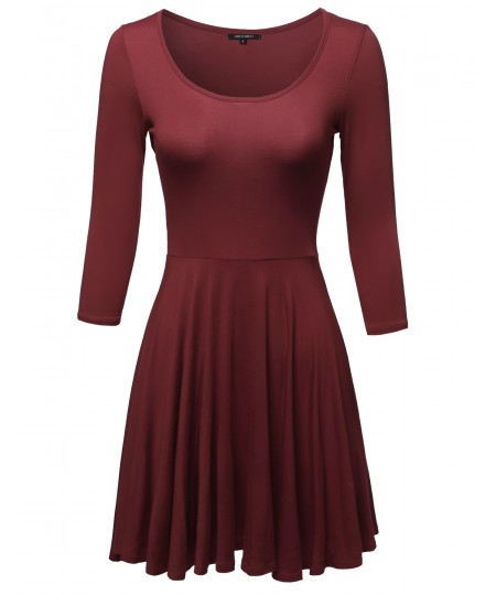 Women's Solid Scoop Neck 3/4 Sleeve Mini Dress