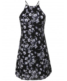Women's Spring Summer Halter Strap Cut Out Printed Slip Mini Dress