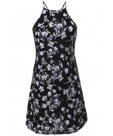 Women's Spring Summer Halter Strap Cut Out Printed Slip Mini Dress